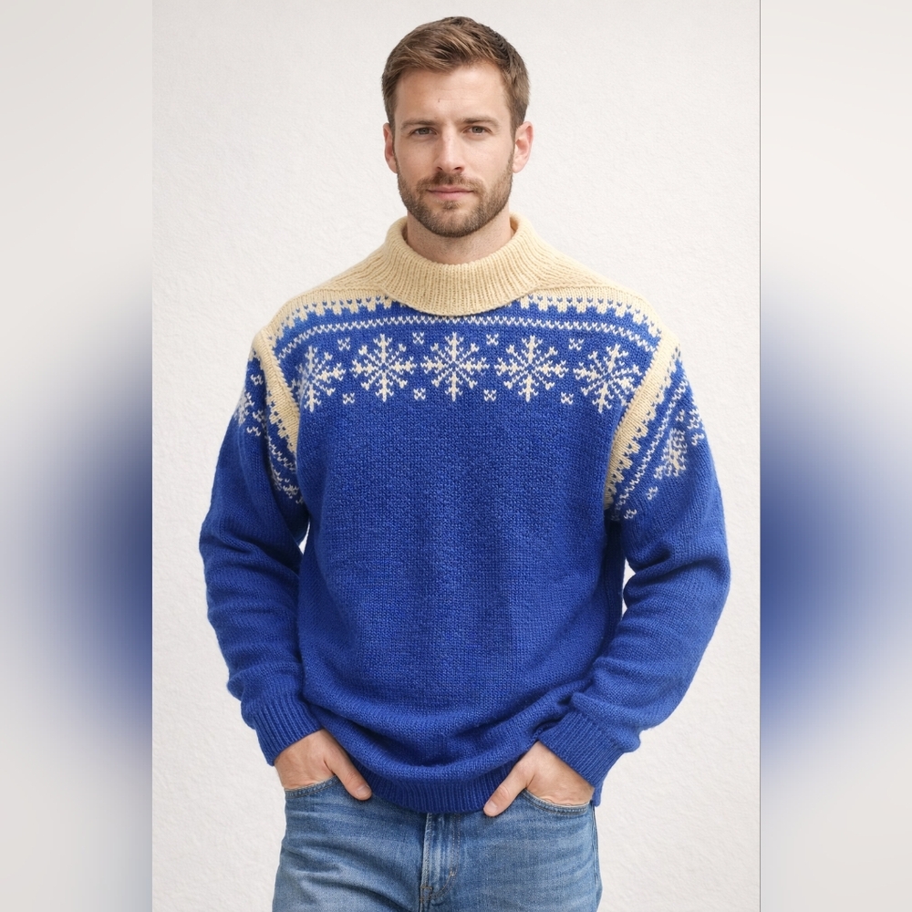 Marshall Fields 100% Wool Sweater Blue and Cream Snowflake Sweater Size M Norway